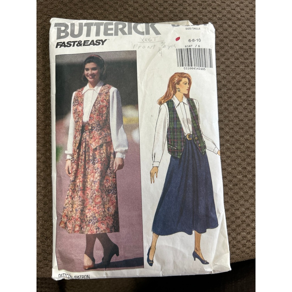 Vintage Butterick 6347 Misses Vest Shirt Skirt Sewing Pattern Size 6 8 10 1992